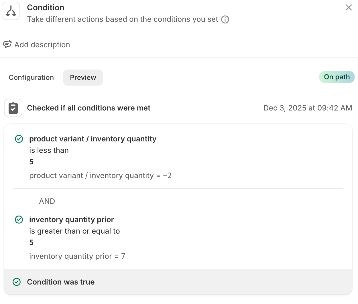 Screenshot of the details of a condition